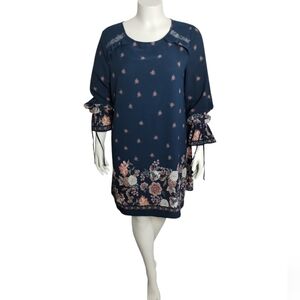 Xhilaration Womens Blue Floral Long Sleeve Peasant Shift Dress Size XL Boho